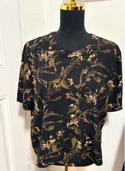 Liz Baker Essentials Black Floral Short Sleeve Blouse XL Petite Button Back Top