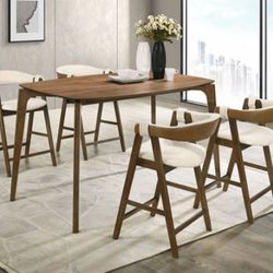 Brand New Walnut & Beige Mid Century Modern Style 5pc Counter Height Dining Table Set 