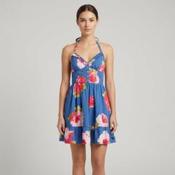 ABERCROMBIE & FITCH M Vintage Y2K Floral Halter Mini Dress Smocked Back Coquette