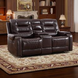 EBELLO Manual Reclining Loveseat, Breathable Faux Leather Double Recliner Sofa with Center Console, Hidden Storage & Cup Holders, Vintage Rivet Mid-Ce