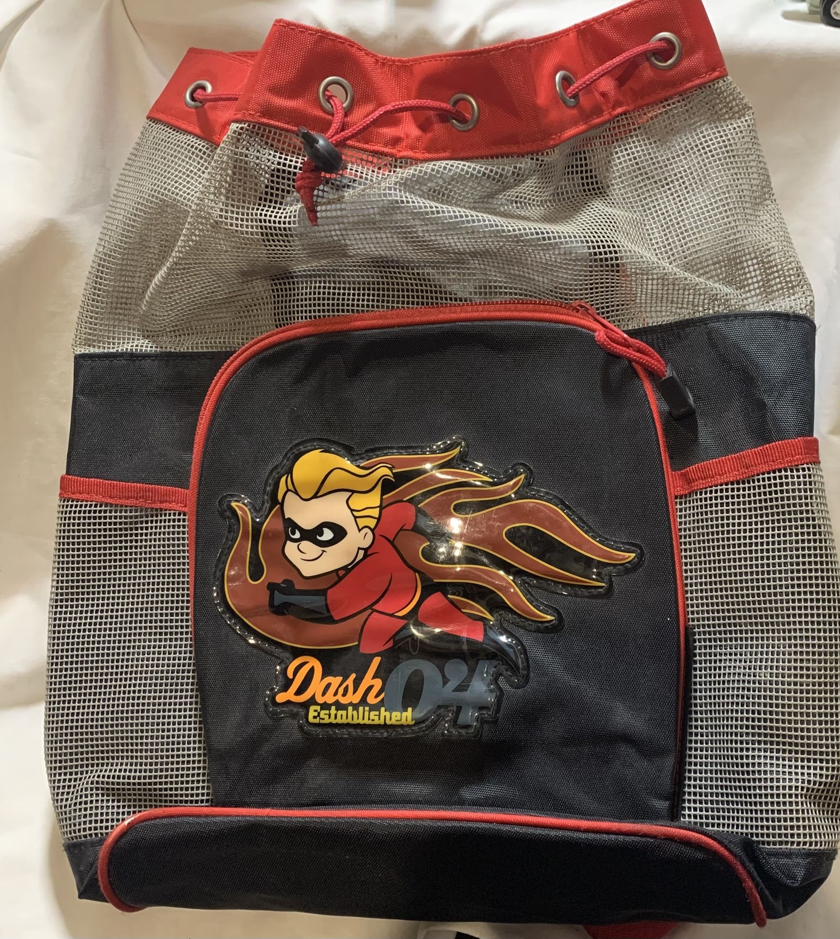 Disney Store The Incredibles DASH Backpack Mesh Beach Bag Pixar Cinch Sack Tote