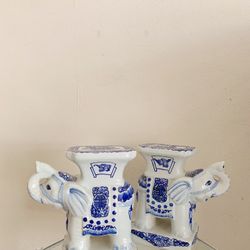 Vintage Blue & White Chinoiserie Elephant Bookends 