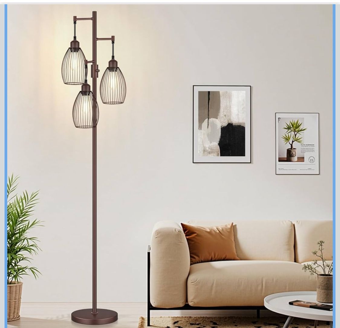 Dimmable Floor Lamp,3x800LM LED Bulbs Included, Farmhouse Industrial Floor Lamp Standing Tree Lamp with Teardrop Cage Head Tall Lamp for Livin