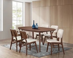 Mega sale! 7 PC Ariel Collection mid-century modern dining table set boucle fabric chairs now on sale- free delivery 🚚