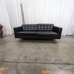 IKEA Tufted Black Leather Couch with Metal Legs