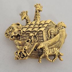 Vintage Noah's Ark Brooch Pin Shiny Gold Tone Metal Animals Giraffe Zebra