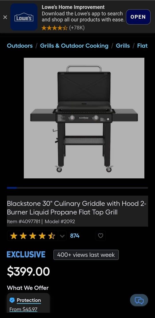Blackstone 30" Culinary Griddle with Hood 2- Burner Liquid Propane Flat Top Grill
Mode| #2092