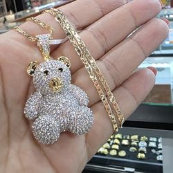 Cute Bear Pendant Iced Out Gold Plated Necklace, micro Pave Zirconia 14k.