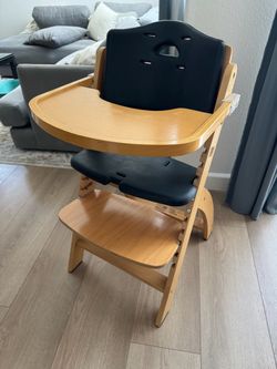 Abiie Beyond 3 in 1 Convertible High Chair - Natural Wood w/ black cushions