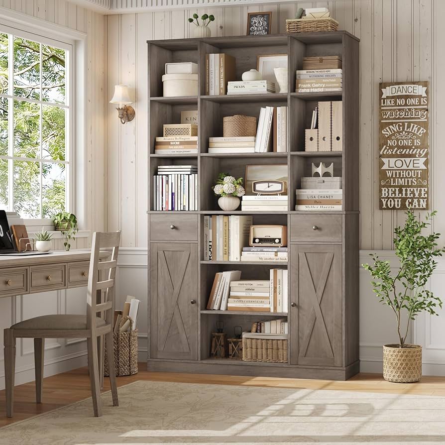  74" Tall Book Shelf and Bookcase, 45" Wide Bookcase with Doors and Drawers, Modern 6 Tier Bookshelf with Storage, Large Wood Display Cabinet with Adj