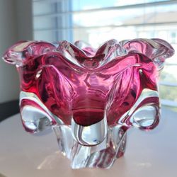 Mid-Century Modern Czech Art Glass Josef Hospodka Pink Floral Bowl