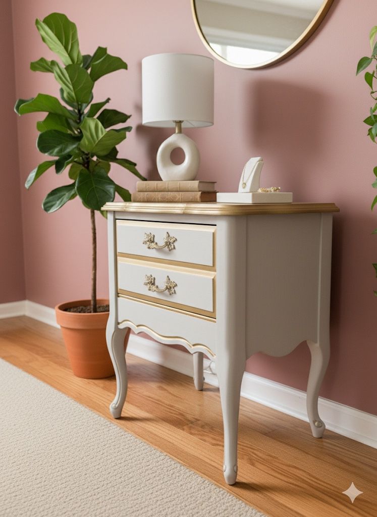 Glam Two-Toned Nightstand - Wood Top, Gold Accents - French Vintage