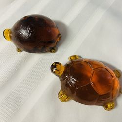 Two Pilgrim Glass Amber Turtle Paperweights