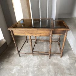 Vintage MCM Faux Bamboo Wood Smoked Glass Side Table Nesting Tables