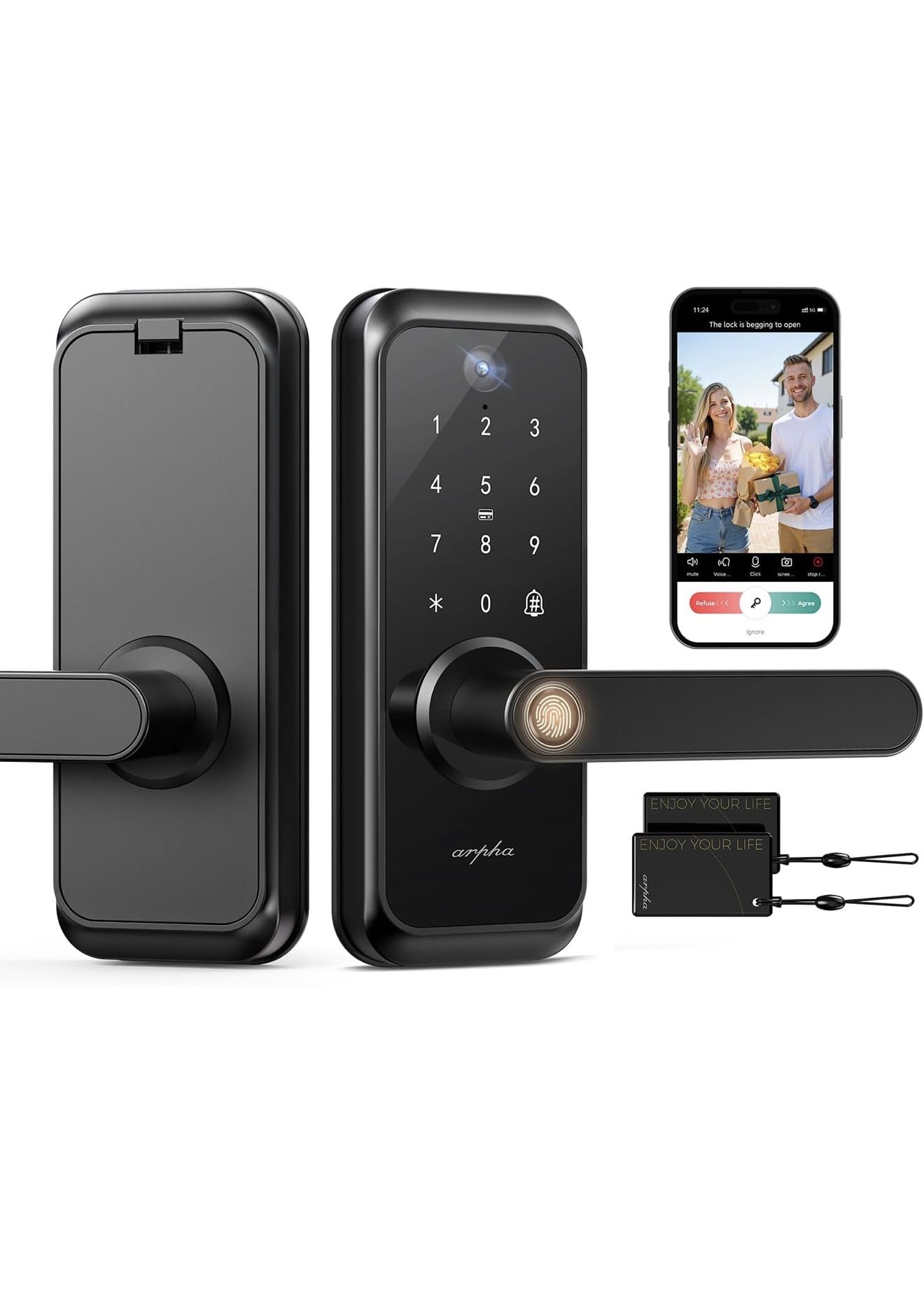 Cerradura inteligente de video WiFi con cámara y asa, entrada sin llave 6 en 1 (huella dactilar/aplicación/teclado/teclado/llave), perilla de puerta e