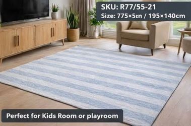 Brand New 77×55 Area Rug – Blue & White Striped Design