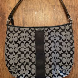 Coach signature stripe hobo bag model 29941 black and gray monogram canvas