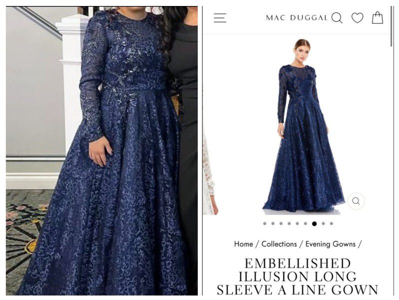 Mac Duggal EMBELLISHED LONG-SLEEVE FLORAL LACE A-LINE GOWN IN NAVY Size 10