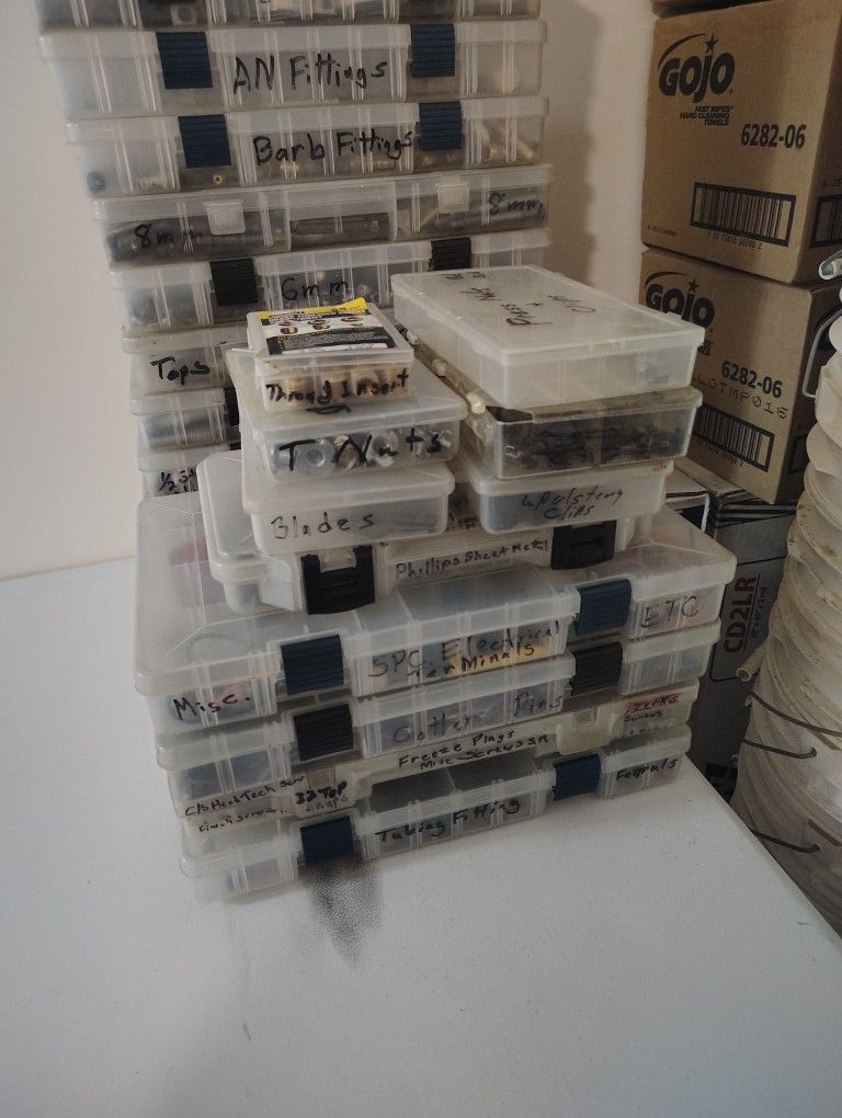 24 Trays Of Assorted Bolts Nuts Fittings Cotter Pins Razor Blades Etc Etc