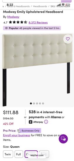 Modway Emily Upholstered Headboard QUEEN size in Ivory