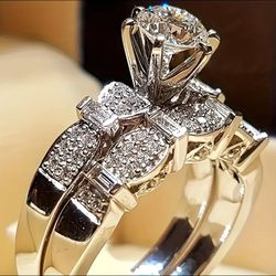 2-Pcs Princess Cut 14K White Gold Plated Cubic Zirconia Luxury Ring 💍 8, Valentine's Gift