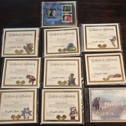 New Set Of 10 Disney Limited Edition Trading Pins & Certificates