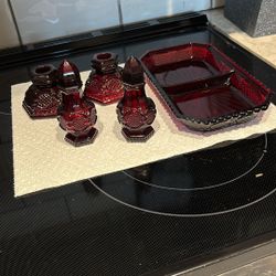 Avon Ruby Red glass CANDLESTICKS SOLD, pair of salt & pepper shakers and relish tray