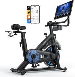 G335-Merach Magnetic Exercise Bike with 21.5" HD Display & Auto Resistance, Low Noise Stationary Bike for Home with Comfortable Seat Cushion, Spinning