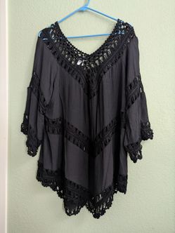 Vivid Black Crochet Boho Top, Size 1X