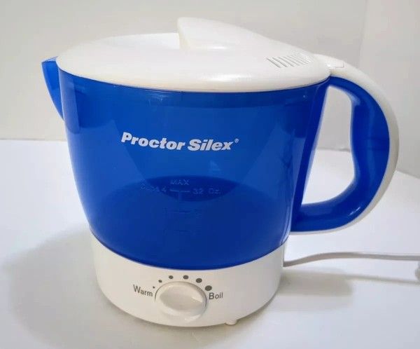 Proctor Silex HP04 Hot Pot Electric Kettle Blue and White 32oz Ounces