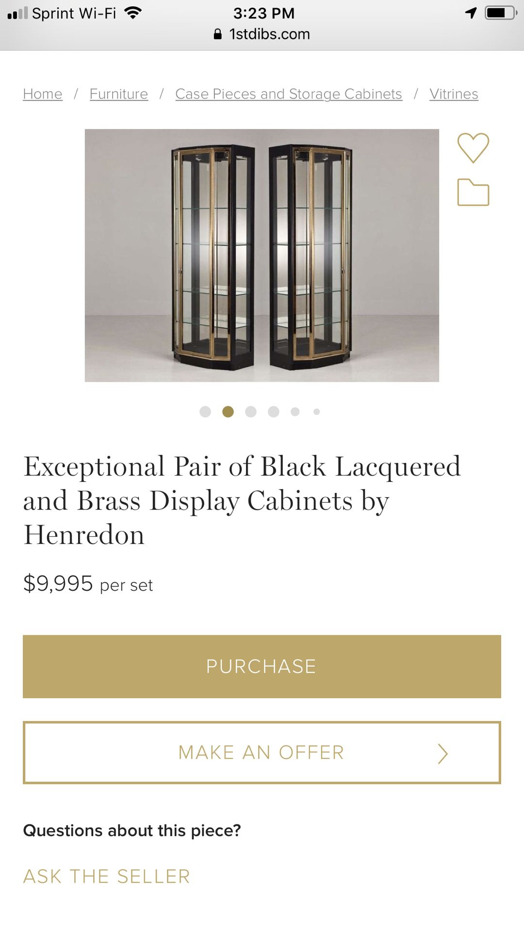 Exceptional Pair of Black Lacquered and Brass Display Cabinets by Henredon