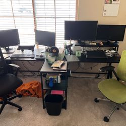 Double office computer desk, with storage, power strip with USB & monitor stand