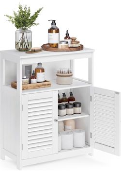 Bathroom Storage Cabinet, with 2 Shutter Doors, 31.5" H, White Bathroom Floor Cabinet, Adjustable Shelves, MDF, SAGGIO Collection UBBC40WT