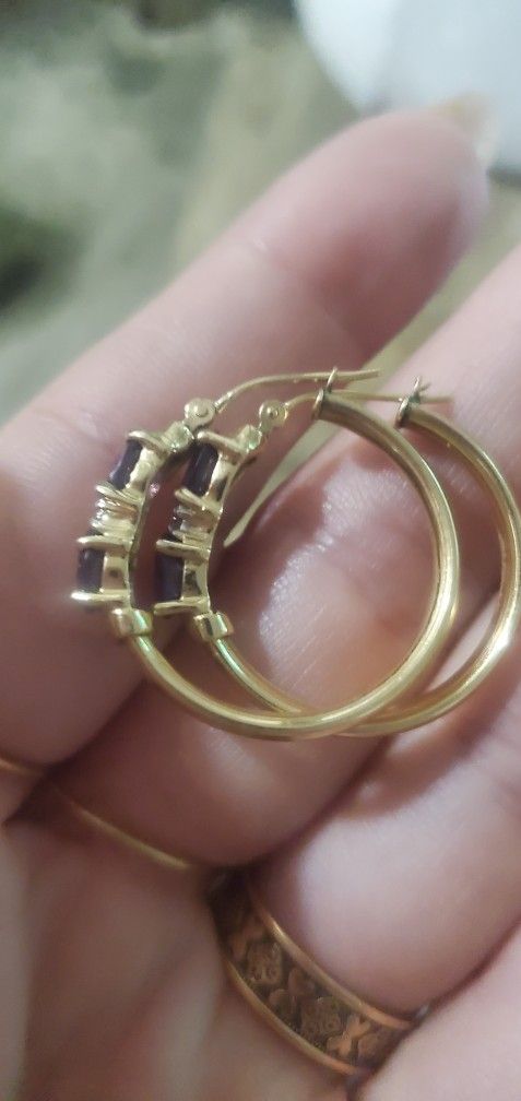 Large 14k Gold Amethyst Diamond Hoop Earrings