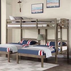 Triple Twin Bunk Bed w/ Built In Nightstand & USB Ports 