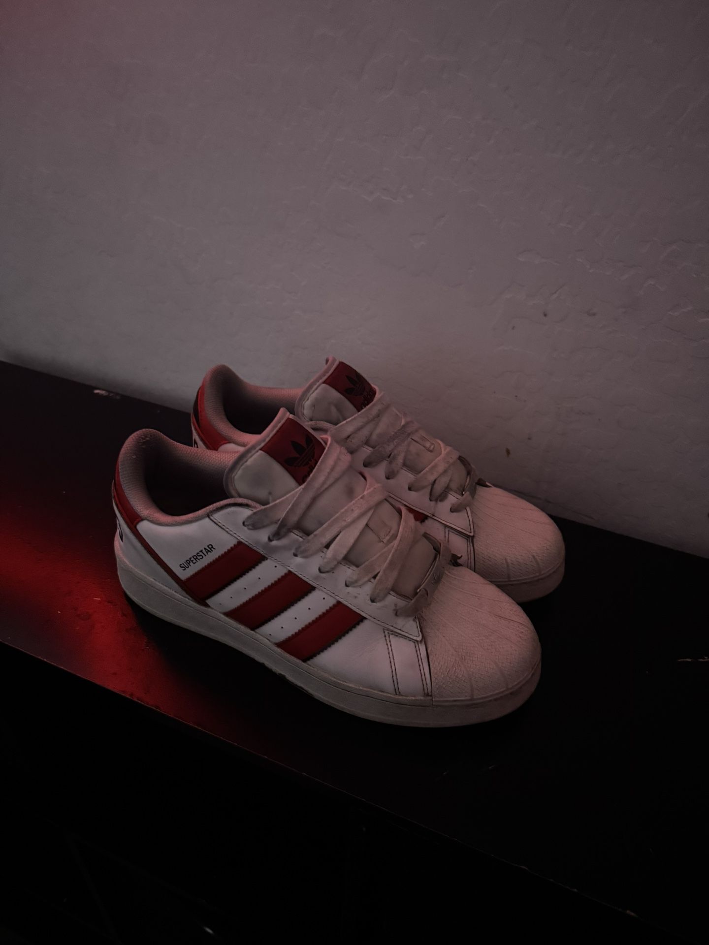 White/red Adidas Superstars Size 10.5 Men’s 