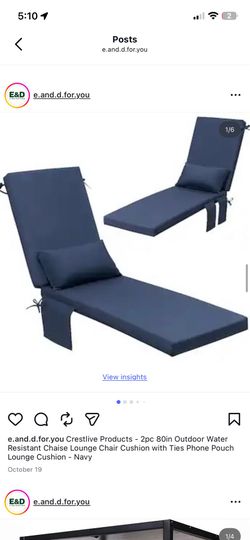 Crestlive Products - 2pc 80in Outdoor Water Resistant Chaise Lounge Chair Cushion with Ties Phone Pouch Lounge Cushion - Navy