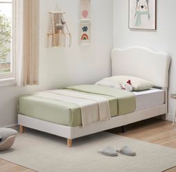 Upholstered Twin Size Bed Frame for Kids with Scallop Headboard, Cute Velvet Twin Bed for Girls, Boys, Sturdy Platform Bed, No Box Spring Needed, Wood