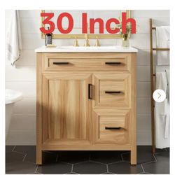 30 in. Freestanding Natural Solid Wood Frame Bath Vanity with White Ceramic Top, Adjustable Shelf