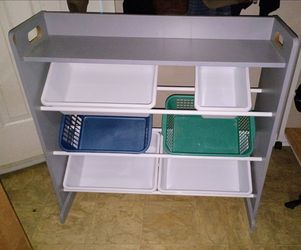 Wooden Storage shelf with plastic bins