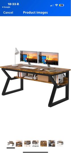 47 inch Computer Desk with Storage Shelf, K-Shaped Office Desk with Sturdy Metal Frame, Writing Gaming Work Desk with Waterproof Surface for Home Offi