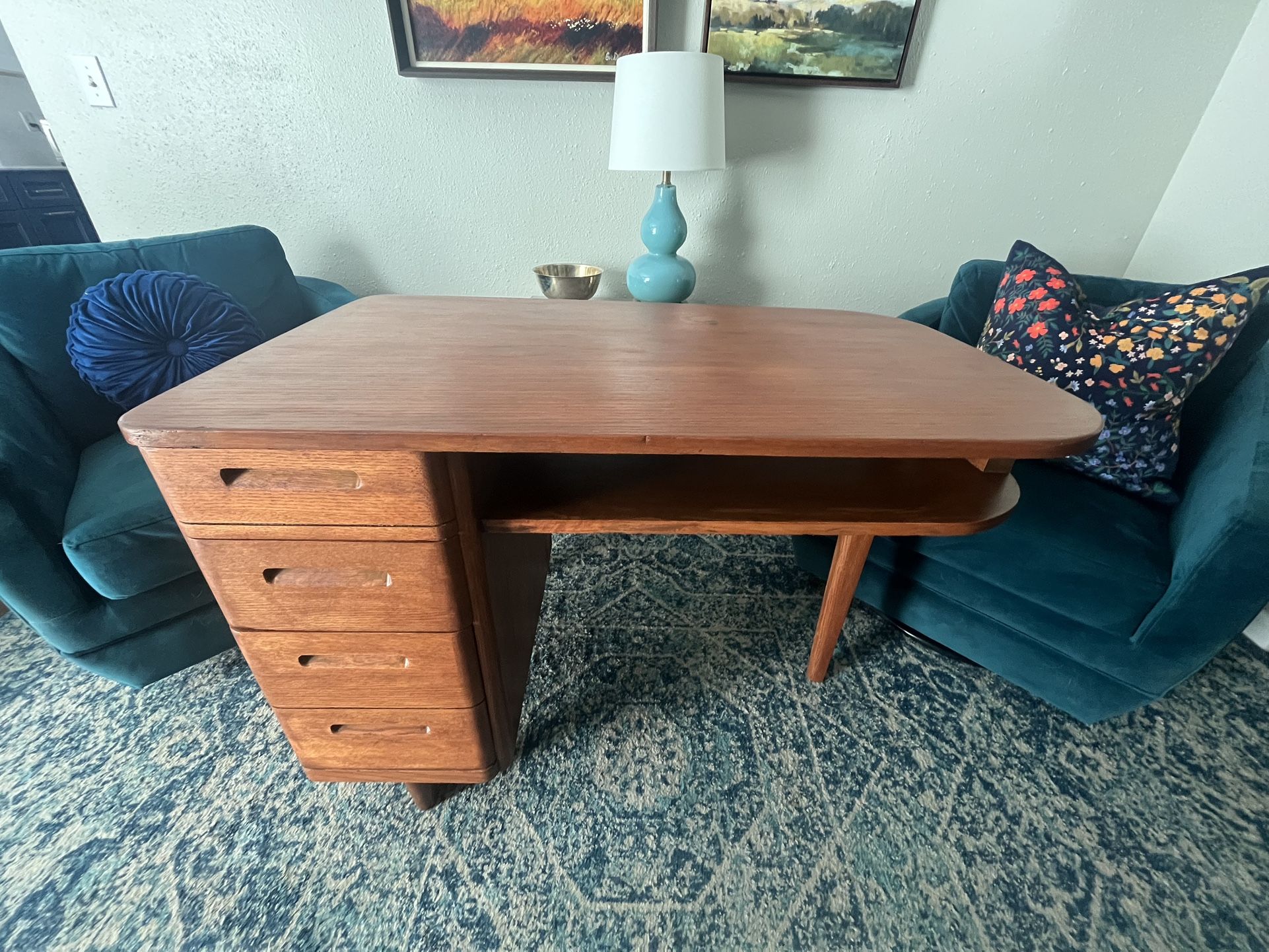 Vintage Mid Century Modern Walnut Desk Solid Antique Unique Three Pencil Legs Round Edges Art Deco