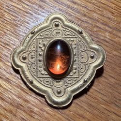Vintage Estate Style Brooch Pin Gold Tone Amber Stone 1928?