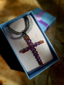 925 Sterling Silver Stamped Amethyst Citrine Gemstone Cross 2 " lenght new 