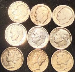 90% Silver Dimes. Lot of 9.  Rosevelt/Mercury.