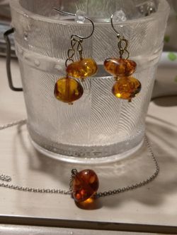 Handmade Sterling Silver Necklace ,Earrings With Genuine Amber.