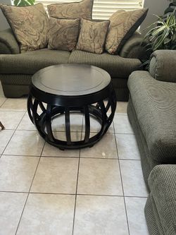 Modern Round Espresso Wood Drum Accent Table – Open Slat Base
