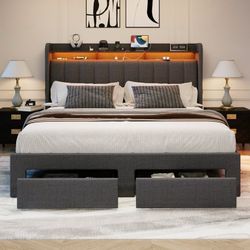 King Size Platform Bed Frame with 2-Tier LED Storage Fabric Wingback Headboard & 2 Storage Drawers, USB & Type-C Charging Ports, Dark Grey