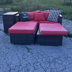 Wicker Outdoor Sectional with Red Cushions