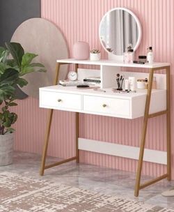 Vanity Table with Storage Drawers White and Gold With Mirror